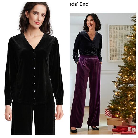 Lands End Black Velvet Button Front Top V Neck Sz M 10-12 Old Money Cozy Luxury - Picture 1 of 10